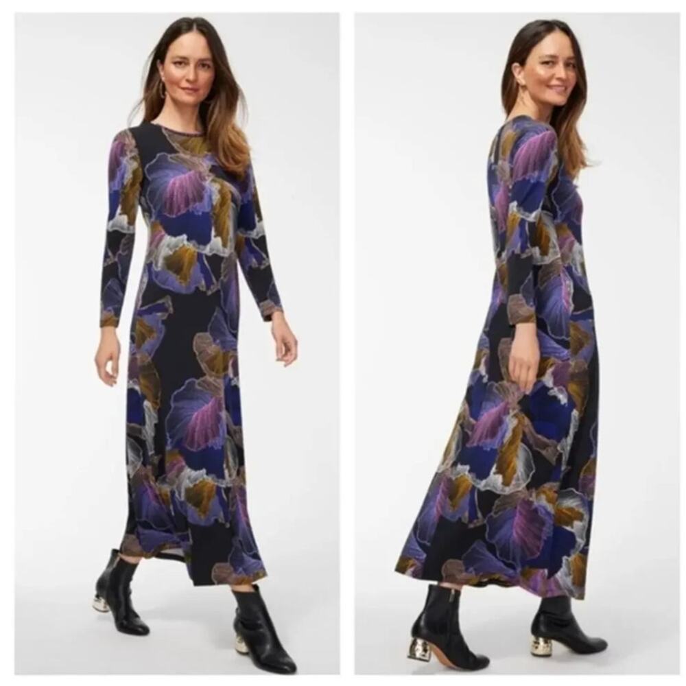 Chico’s Dress Size 4 XXL Abstract Floral Column Midi Art To Wear Lagenlook NWOT